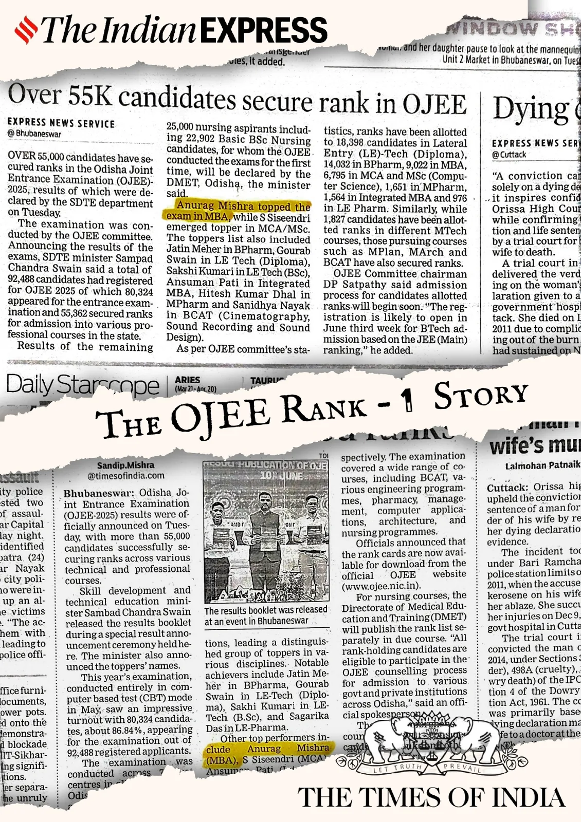 Newspaper feature covering All Odisha OJEE MBA Rank 1 achievement